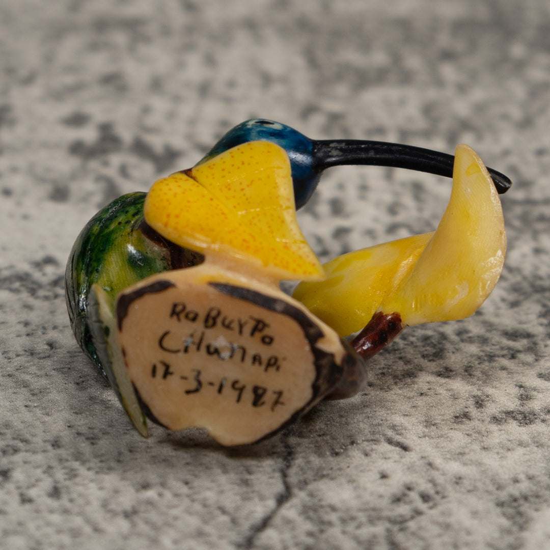 Vintage Green And Yellow Hummingbird Tagua Carving