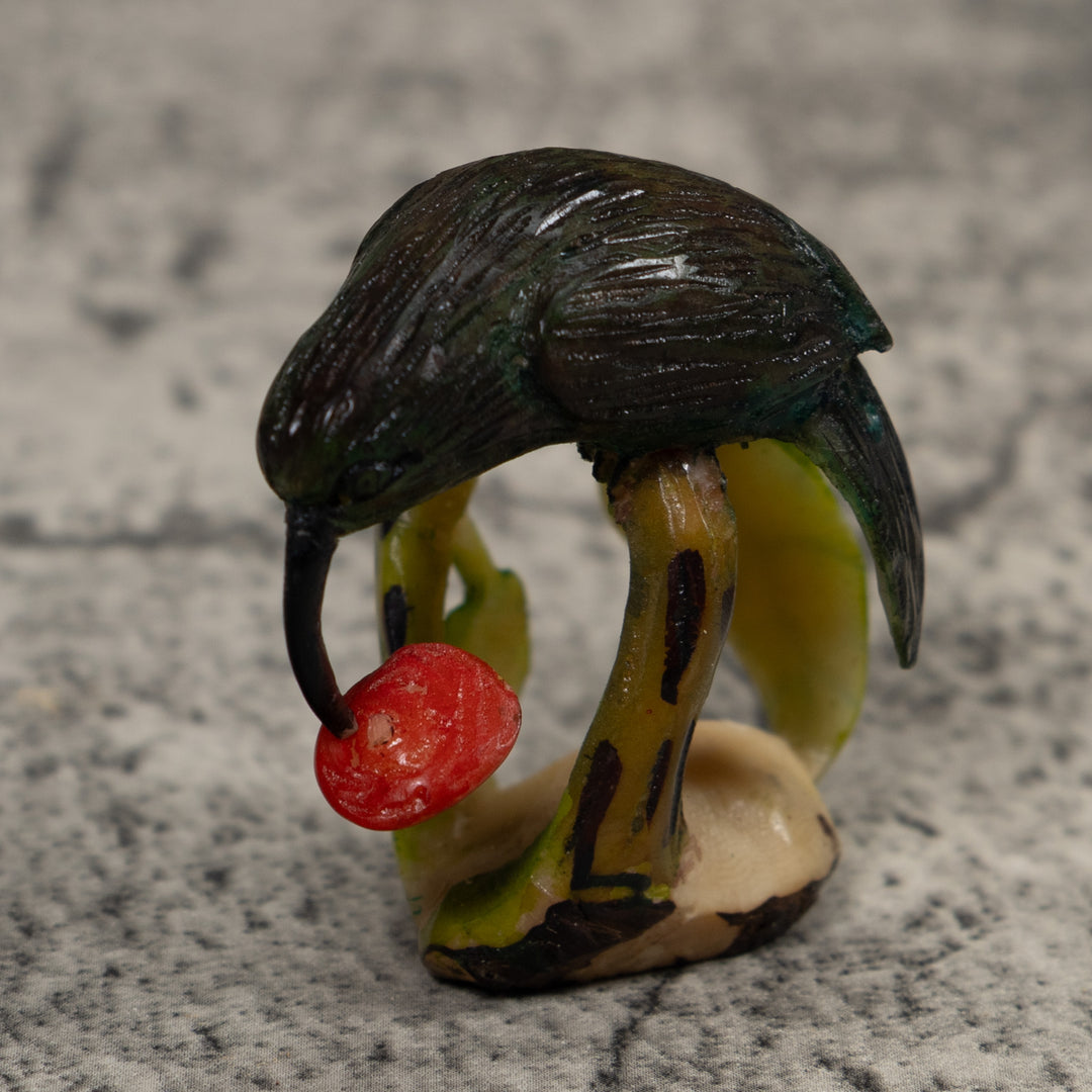 Vintage Dark Green And Red Hummingbird Tagua Carving