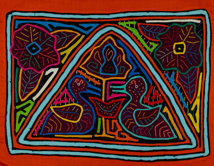 Orange And Turquoise Duck And Flower Mola