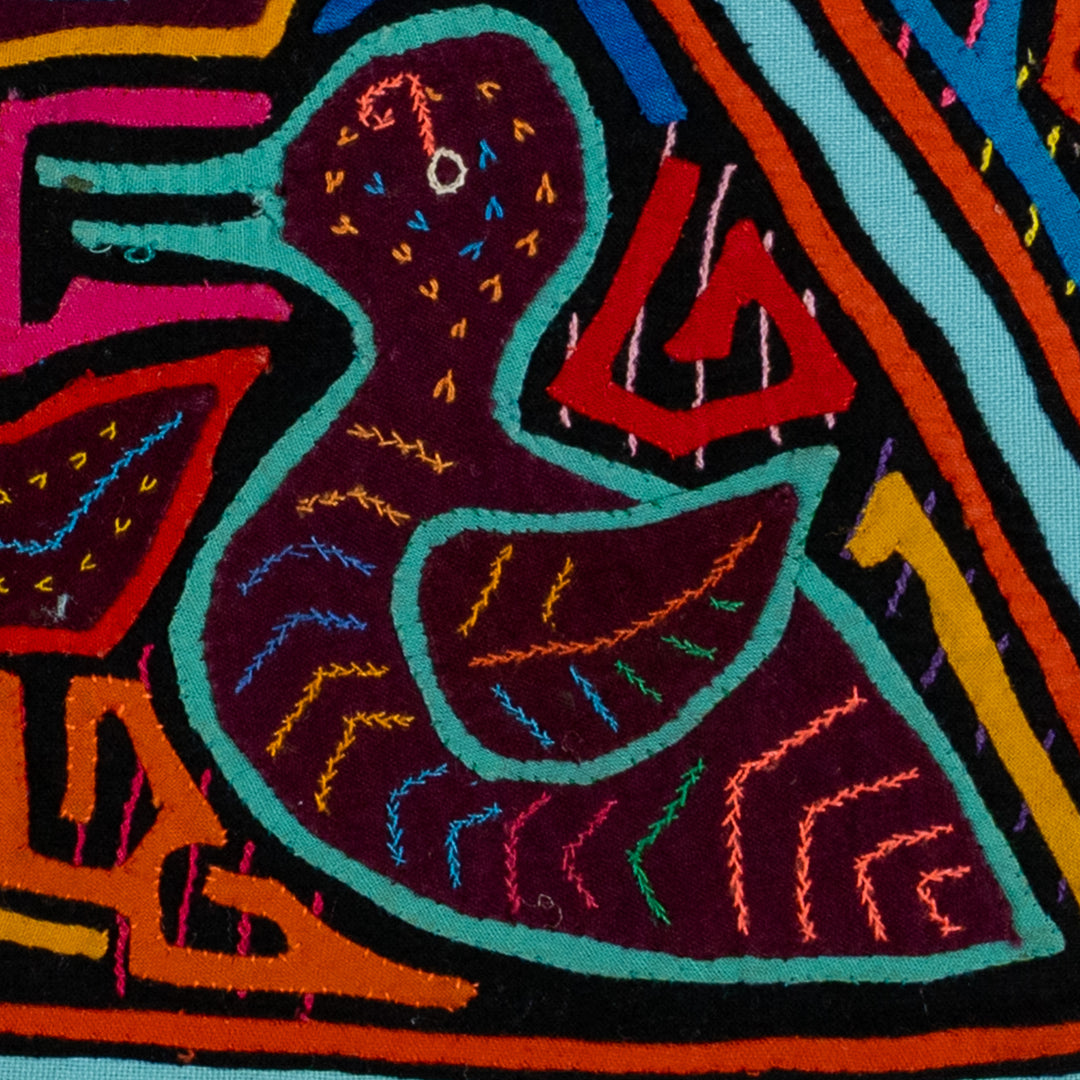 Orange And Turquoise Duck And Flower Mola