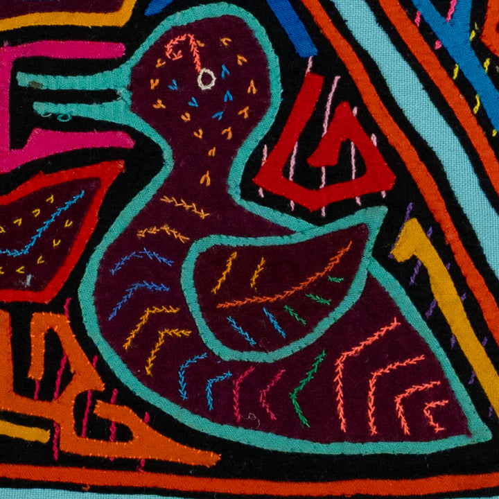 Orange And Turquoise Duck And Flower Mola
