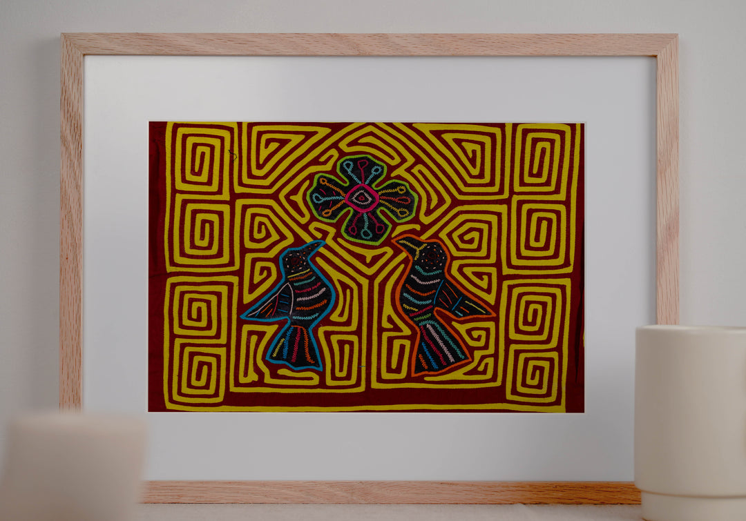 Maroon And Yellow Birds And Star Of Heaven Mola