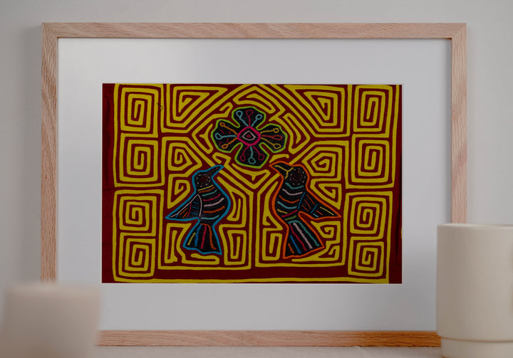 Maroon And Yellow Birds And Star Of Heaven Mola