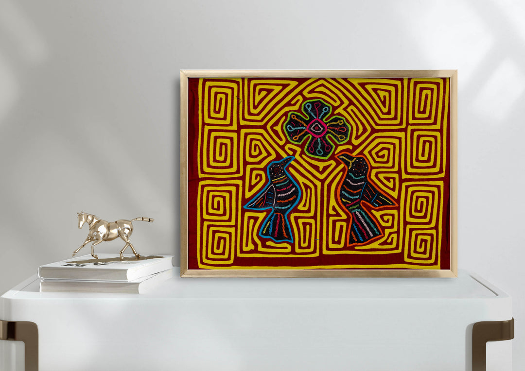 Maroon And Yellow Birds And Star Of Heaven Mola
