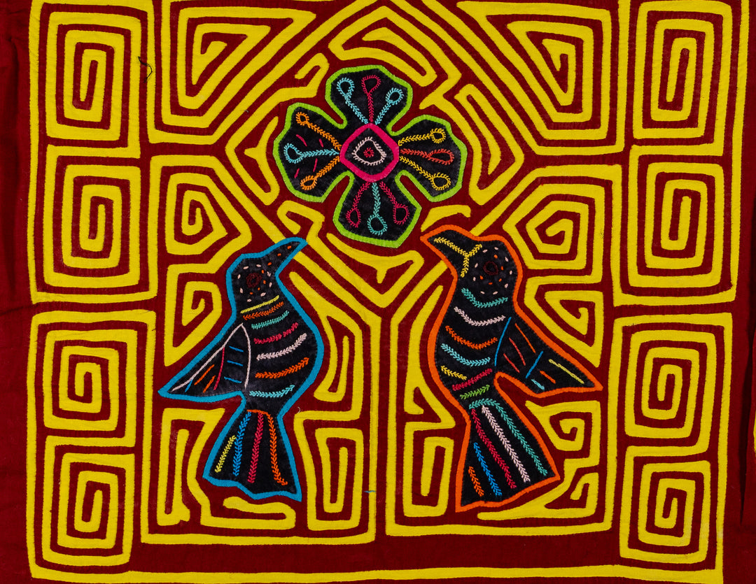 Maroon And Yellow Birds And Star Of Heaven Mola