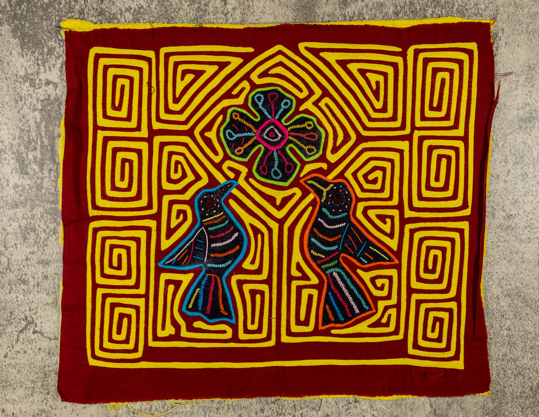 Maroon And Yellow Birds And Star Of Heaven Mola