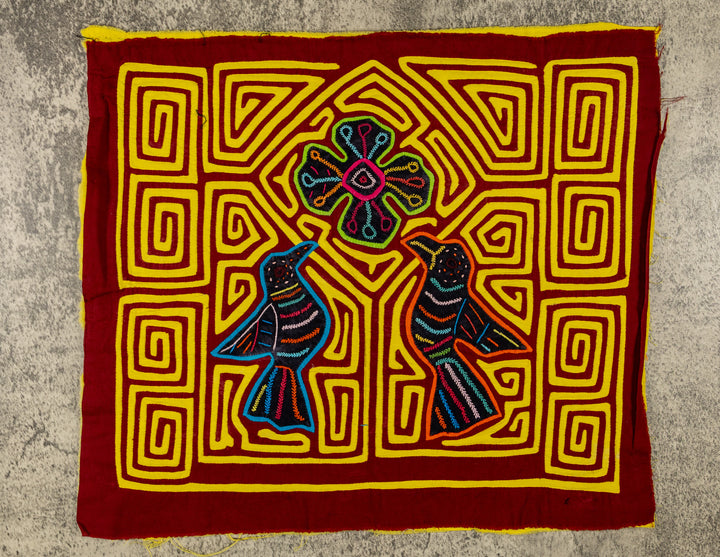 Maroon And Yellow Birds And Star Of Heaven Mola