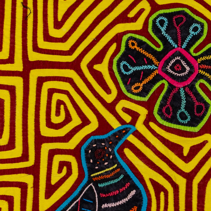 Maroon And Yellow Birds And Star Of Heaven Mola