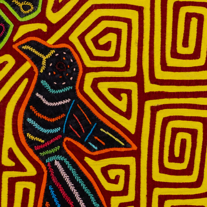 Maroon And Yellow Birds And Star Of Heaven Mola