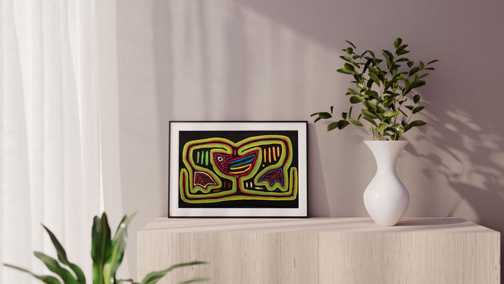 Green Red Bird In Jungle Nest Mola