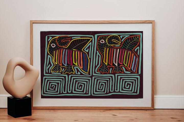 Turquoise Toucan Bird Maron Backgroud Mola