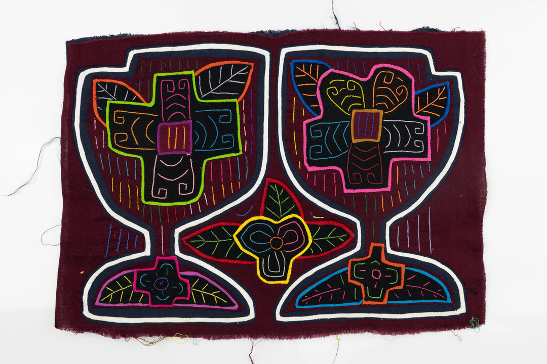 Kuna Indian Hand Stitch Wine and Roses Panama Mola Textile Art