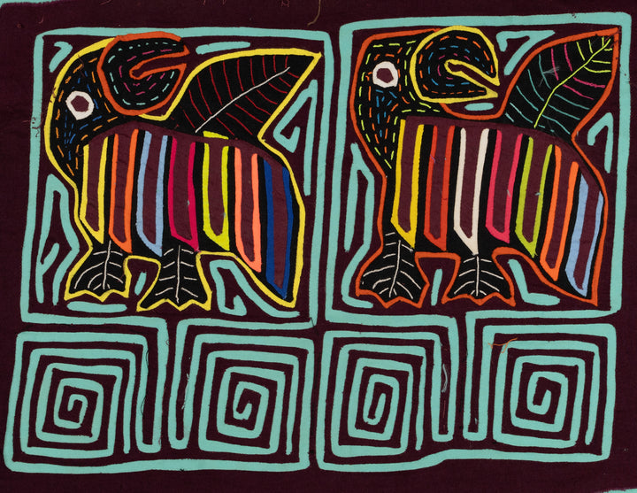Turquoise Toucan Bird Maron Backgroud Mola