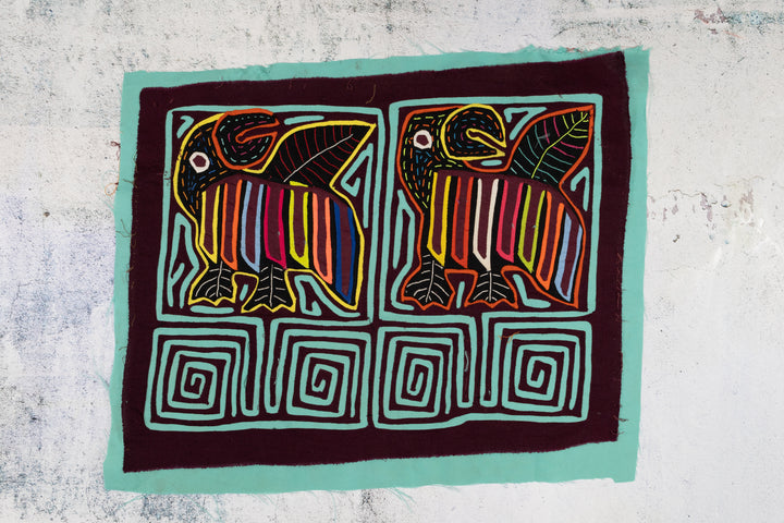 Turquoise Toucan Bird Maron Backgroud Mola