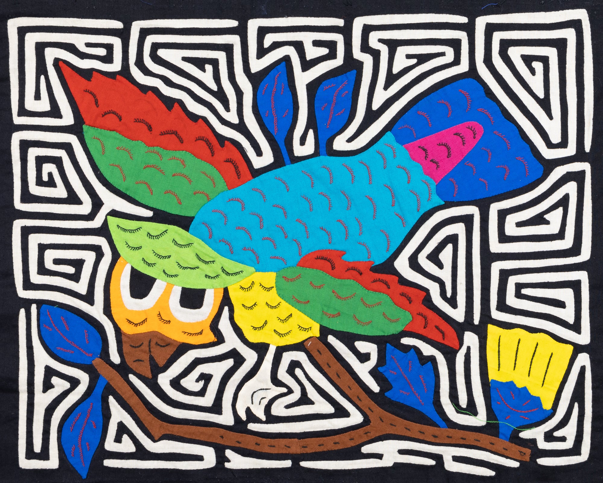 Blue Owl Bird Mola, Wall Decor, Panama Mola, Latin American Art, Handmade Quilt, Wall Hanging, Mola Wall Art