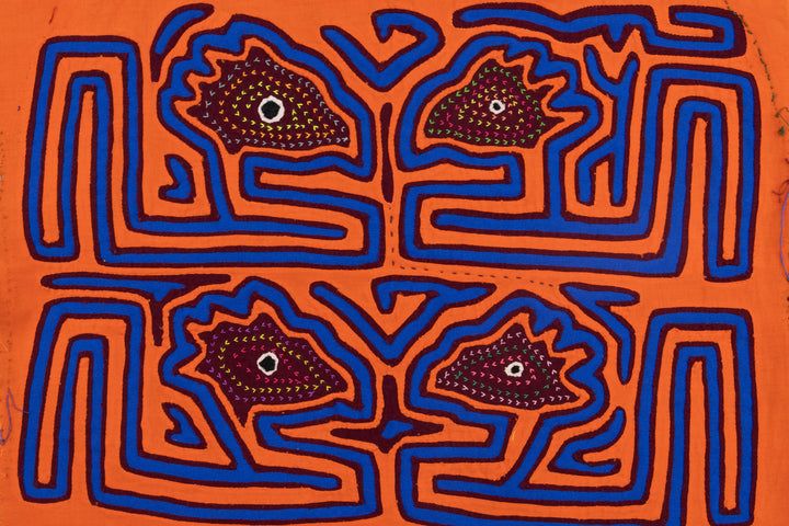 Kuna Indian Hand Stitch Orange and Blue Panama Mola Textile Art