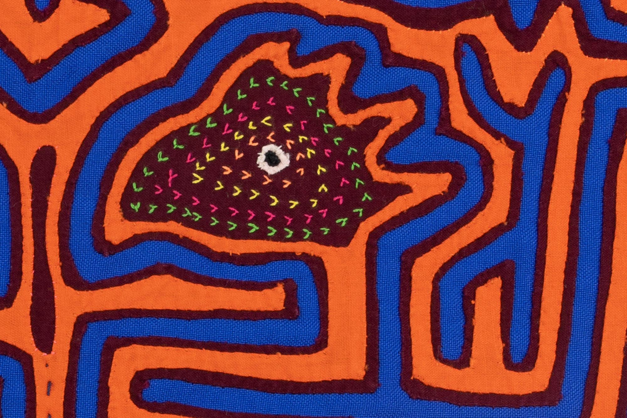 Kuna Indian Hand Stitch Orange and Blue Panama Mola Textile Art