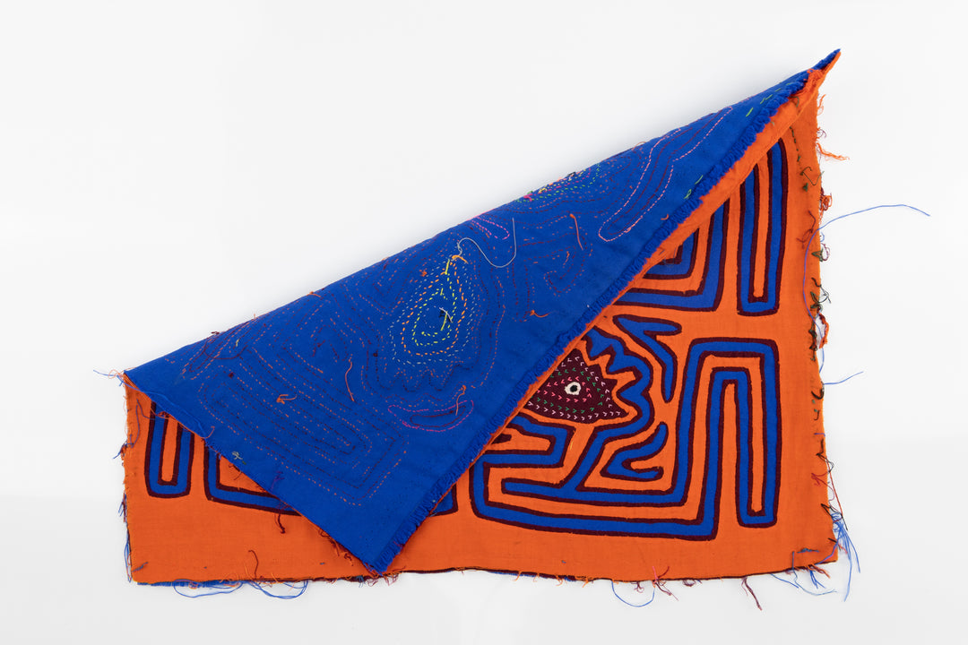 Kuna Indian Hand Stitch Orange and Blue Panama Mola Textile Art