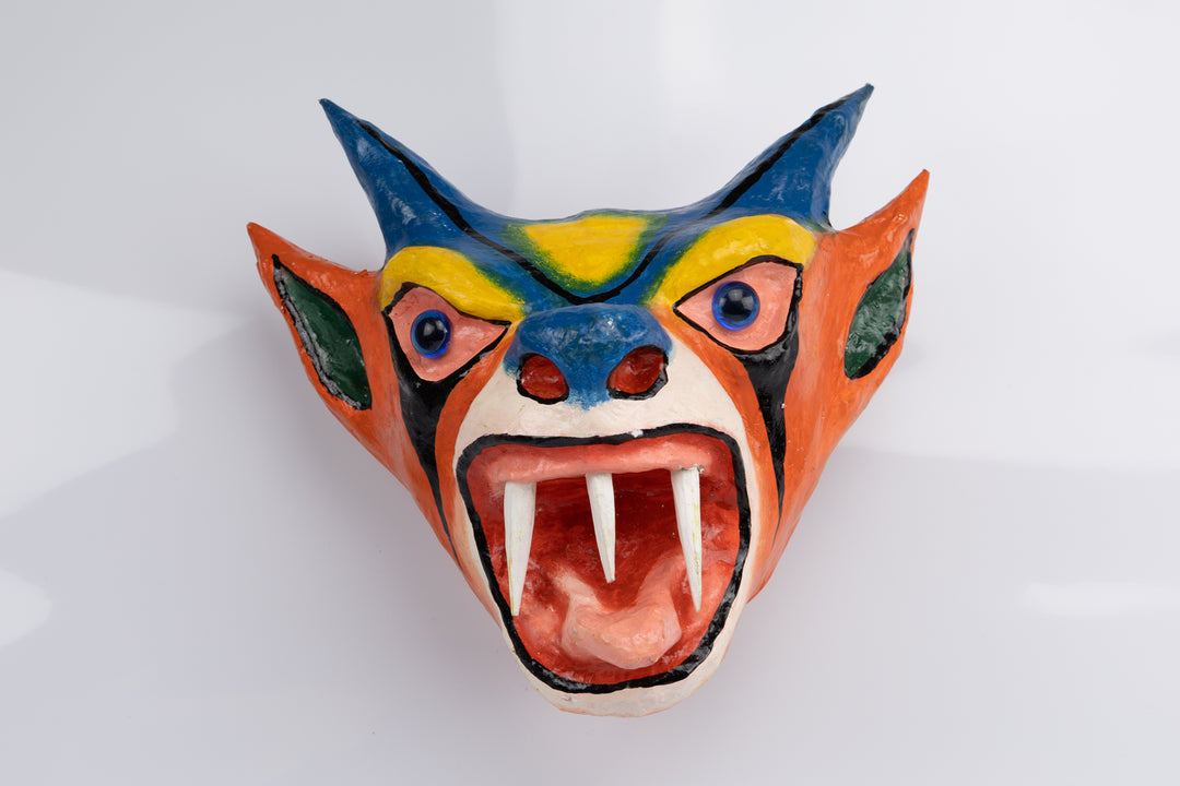 Blue Horns Orange Ears Paper Mache Mask