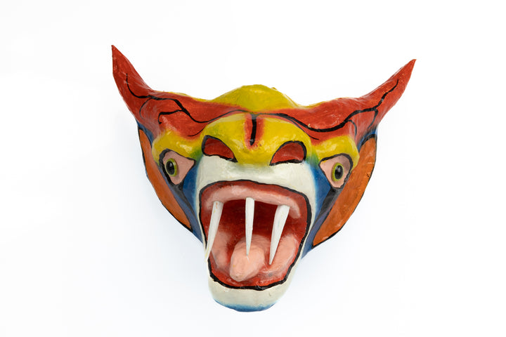 Orange Horns Three Teeth Paper Mache Mask