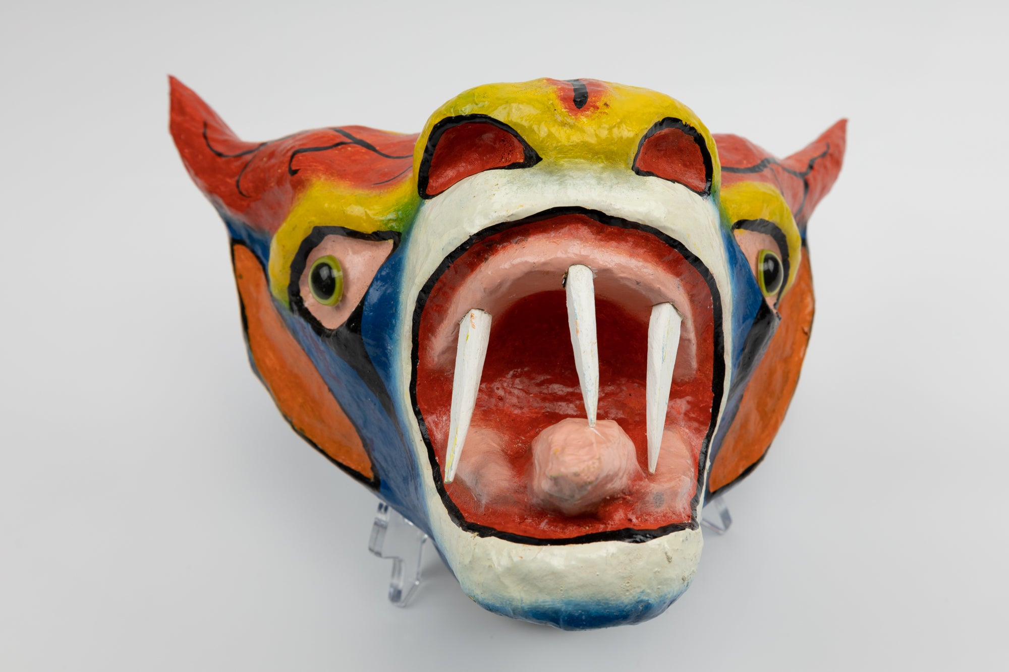 Orange Horns Three Teeth Paper Mache Mask