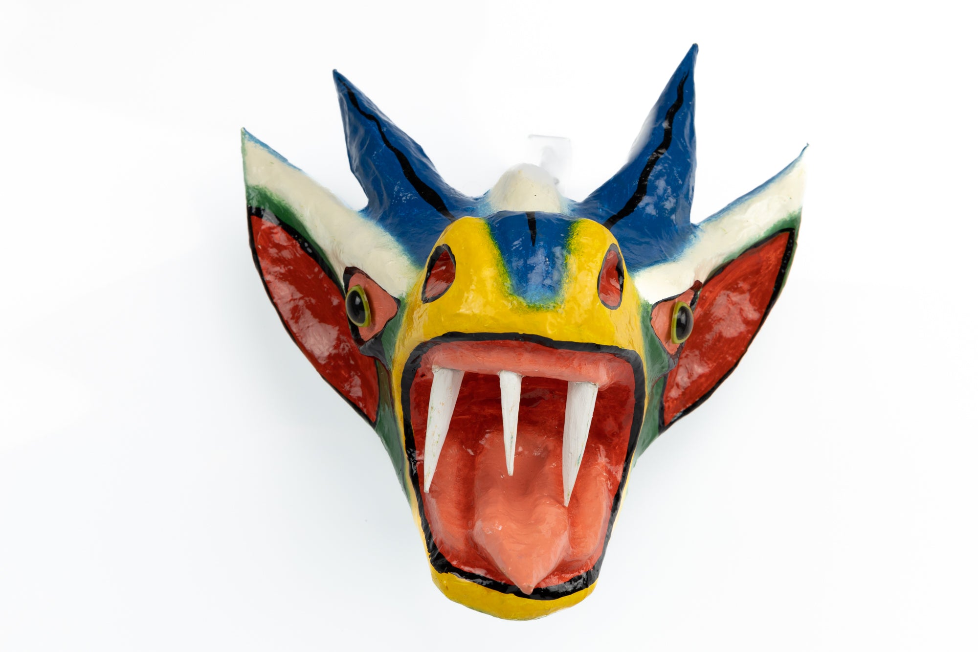Blue Horns Three Teeth Orange Ears Paper Mache Mask