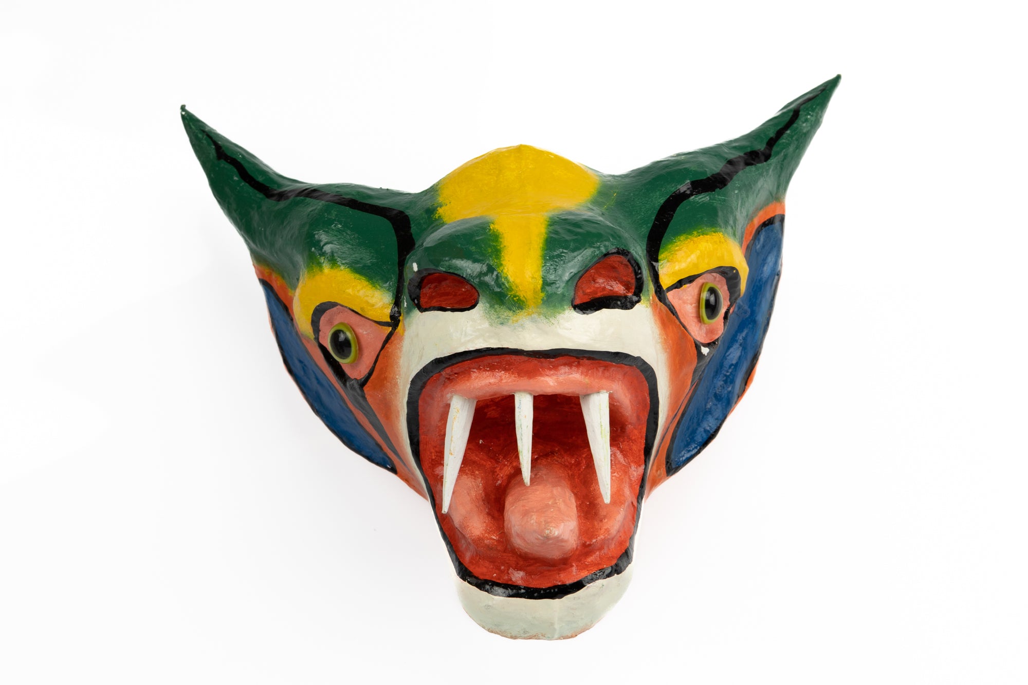 Green Horns Yellow Forehead Paper Mache Mask