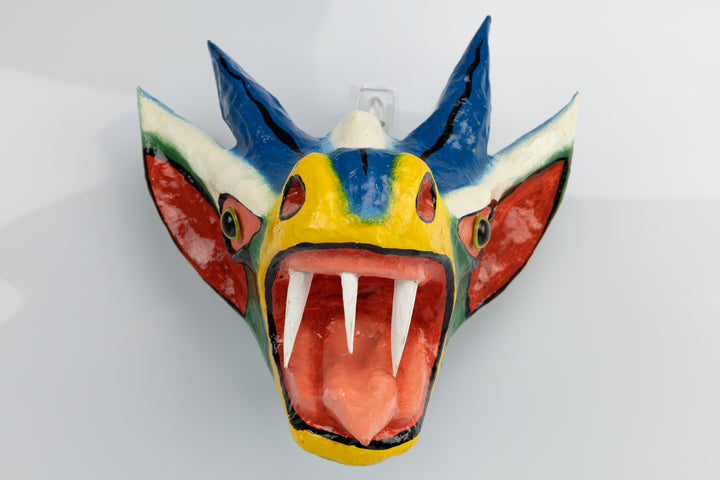 Blue Horns Three Teeth Orange Ears Paper Mache Mask