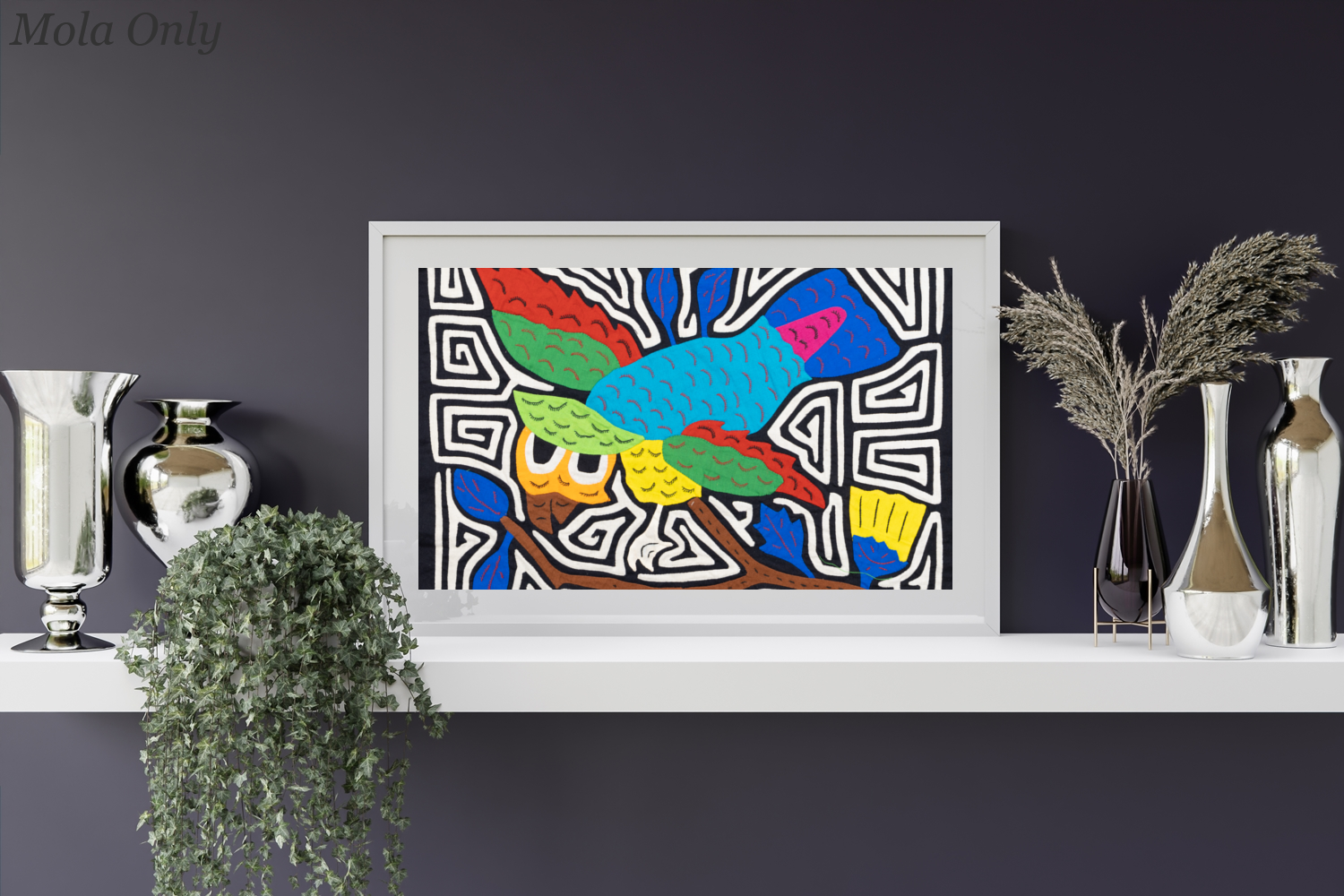 Blue Owl Bird Mola, Wall Decor, Panama Mola, Latin American Art, Handmade Quilt, Wall Hanging, Mola Wall Art
