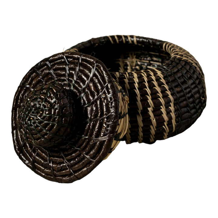 Black And Gray Stripe Woven Basket With Top