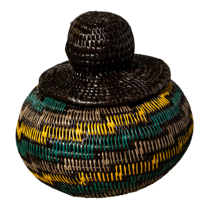 Green Gold And Gray Swirl Woven Basket With Top