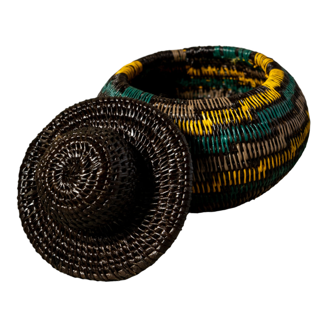 Green Gold And Gray Swirl Woven Basket With Top