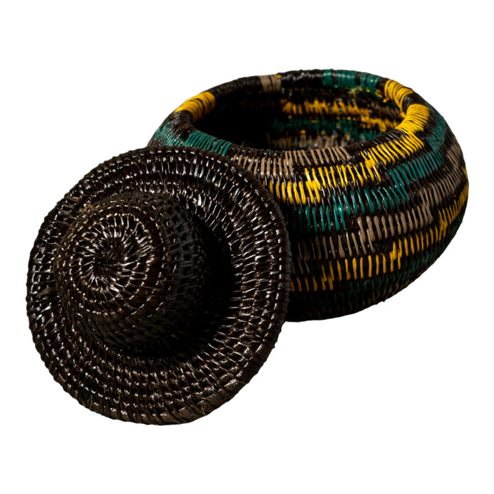 Green Gold And Gray Swirl Woven Basket With Top