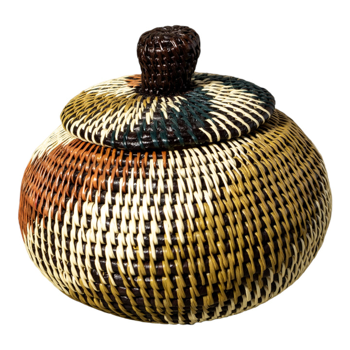 Green White And Brown Swirl Woven Basket With Top