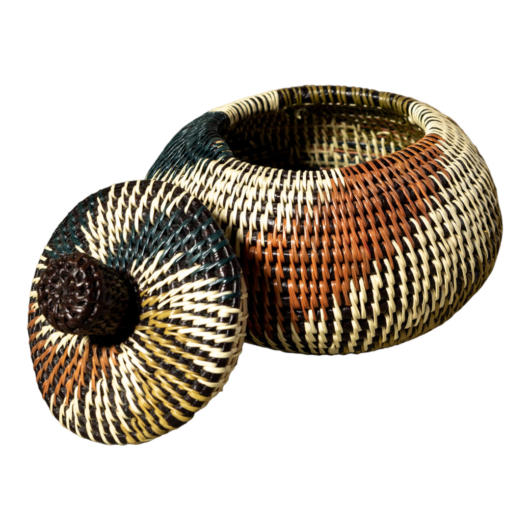 Green White And Brown Swirl Woven Basket With Top