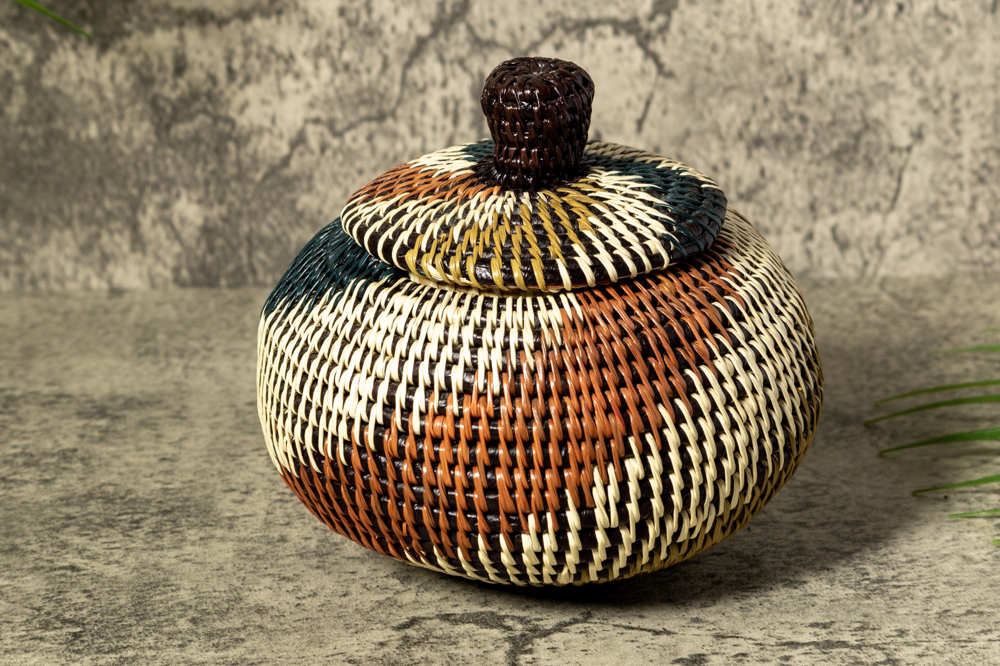 Green White And Brown Swirl Woven Basket With Top
