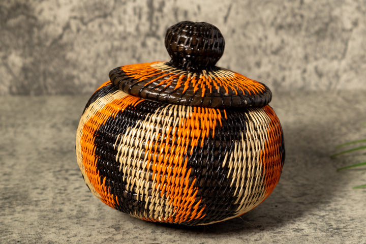 Orange Black And Gray Swirl Woven Basket With Top