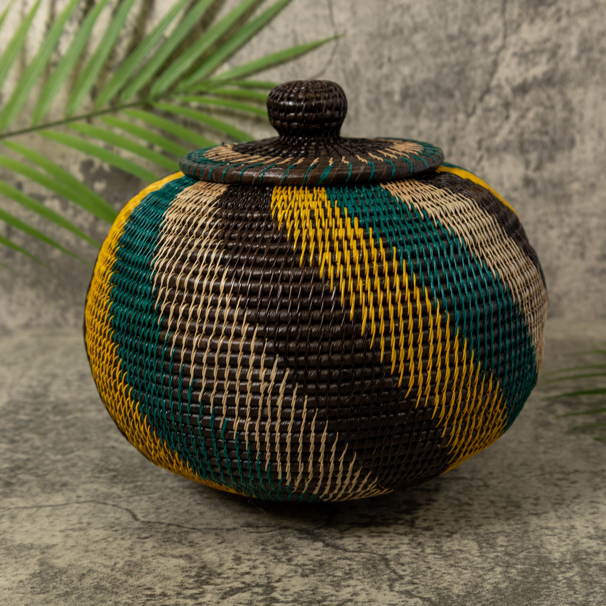 Green Yellow Black And Gray Spiral Rainforest Basket With Top