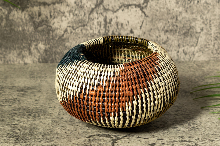 Green White And Brown Swirl Woven Basket With Top