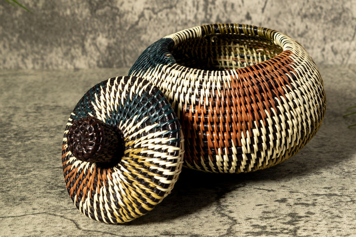 Green White And Brown Swirl Woven Basket With Top