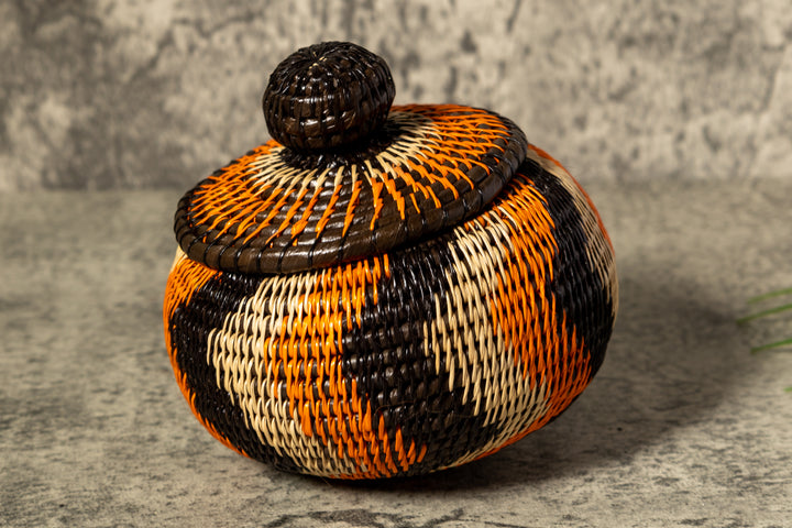 Orange Black And Gray Swirl Woven Basket With Top