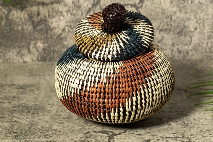 Green White And Brown Swirl Woven Basket With Top