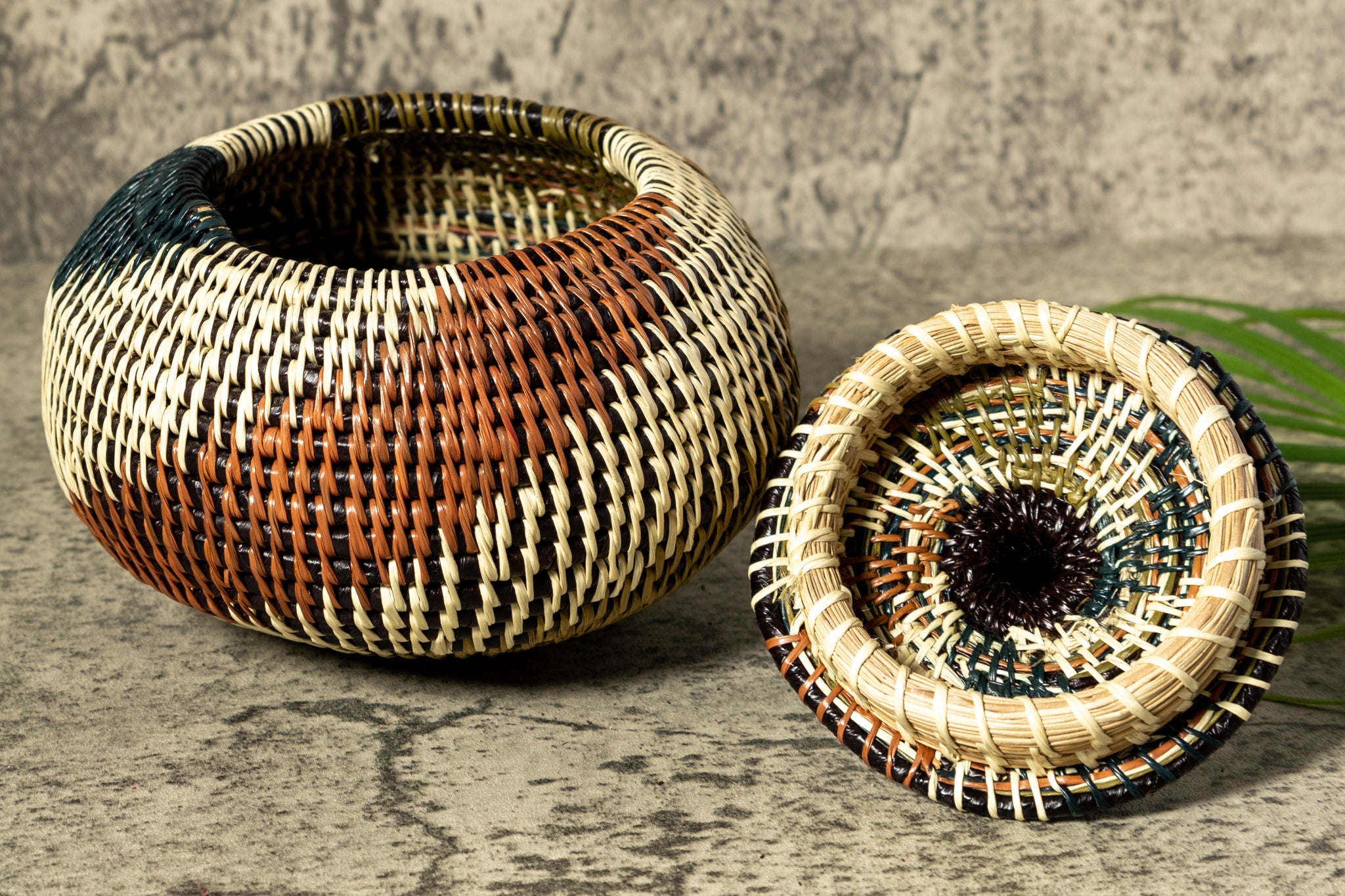 Green White And Brown Swirl Woven Basket With Top