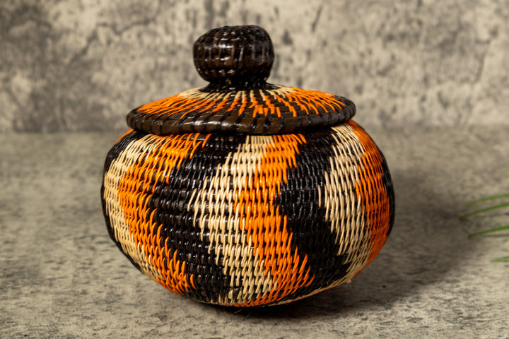Orange Black And Gray Swirl Woven Basket With Top