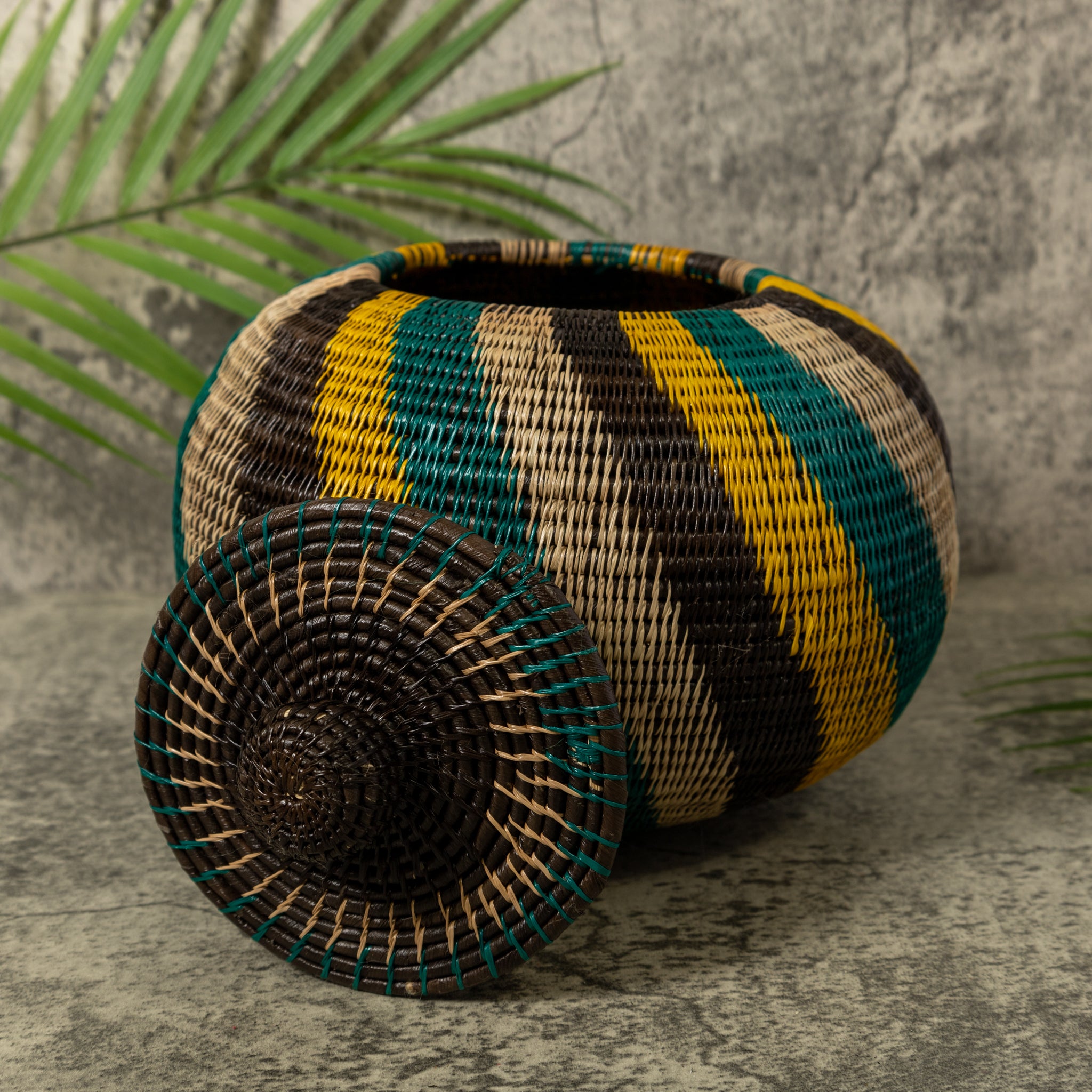 Green Yellow Black And Gray Spiral Rainforest Basket With Top