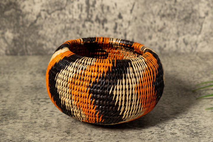 Orange Black And Gray Swirl Woven Basket With Top