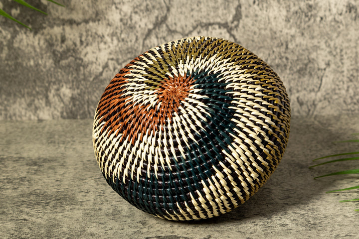 Green White And Brown Swirl Woven Basket With Top