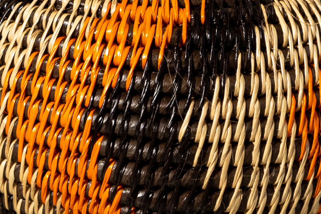 Orange Black And Gray Swirl Woven Basket With Top