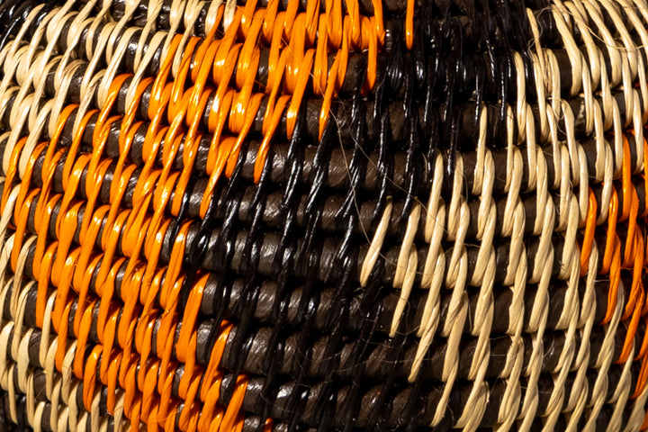 Orange Black And Gray Swirl Woven Basket With Top