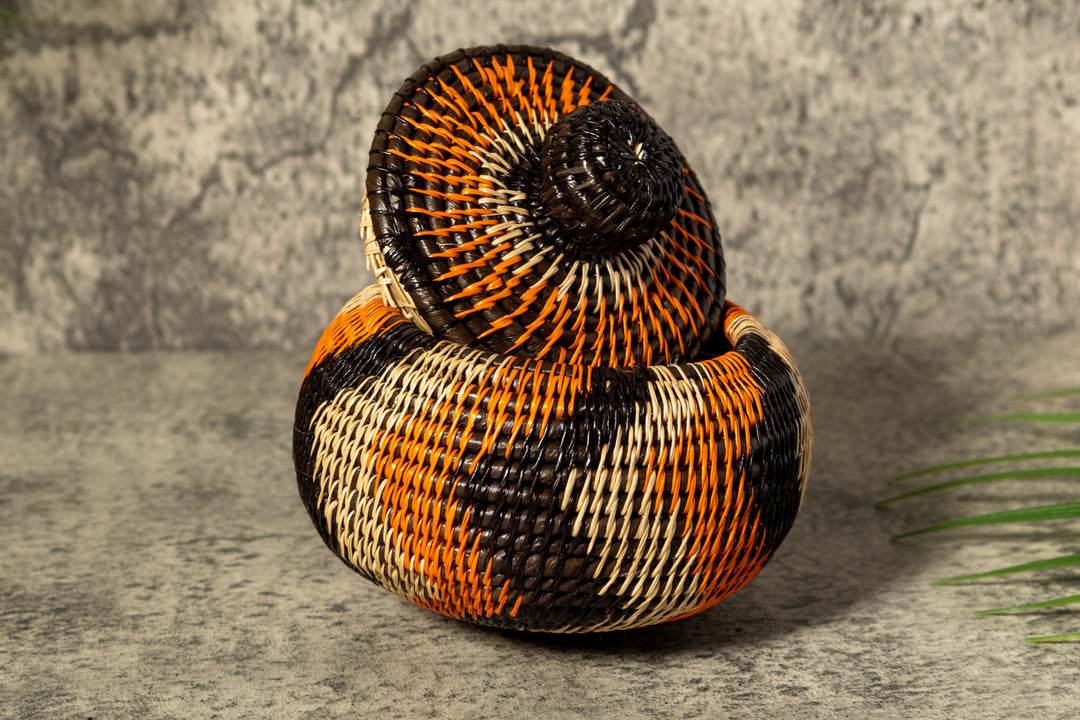 Orange Black And Gray Swirl Woven Basket With Top